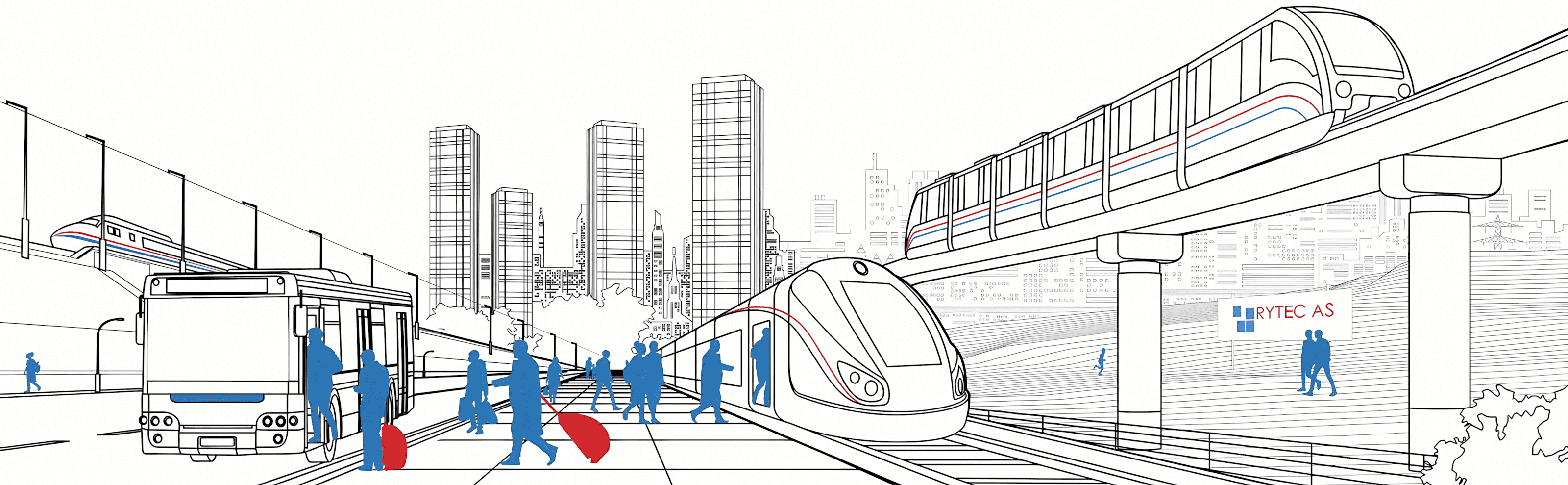 Illustrasjon av moderne bytransport med tog, buss og monorail omgitt av høye bygninger og mennesker som beveger seg gjennom bymiljøet.
